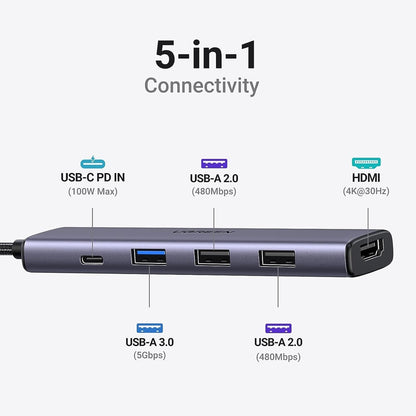Hub USB-C UGREEN CM478, 1 x USB-A 3.0 - 2 x USB-A - 1 x USB-C - 1 x HDMI, Siv