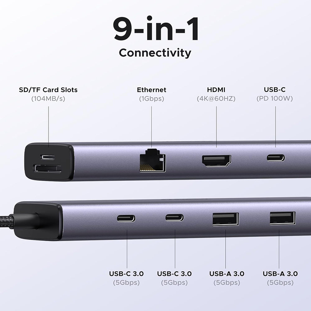 USB-C razdelilnik UGREEN CM498 (15375), 2 x USB-A - 3 x USB-C - 1 x HDMI - 1 x RJ45 - 1 x SD - 1 x microSD, Siva