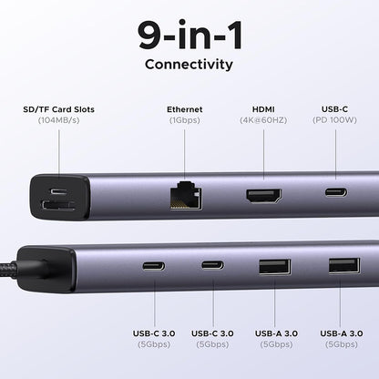 USB-C razdelilnik UGREEN CM498 (15375), 2 x USB-A - 3 x USB-C - 1 x HDMI - 1 x RJ45 - 1 x SD - 1 x microSD, Siva