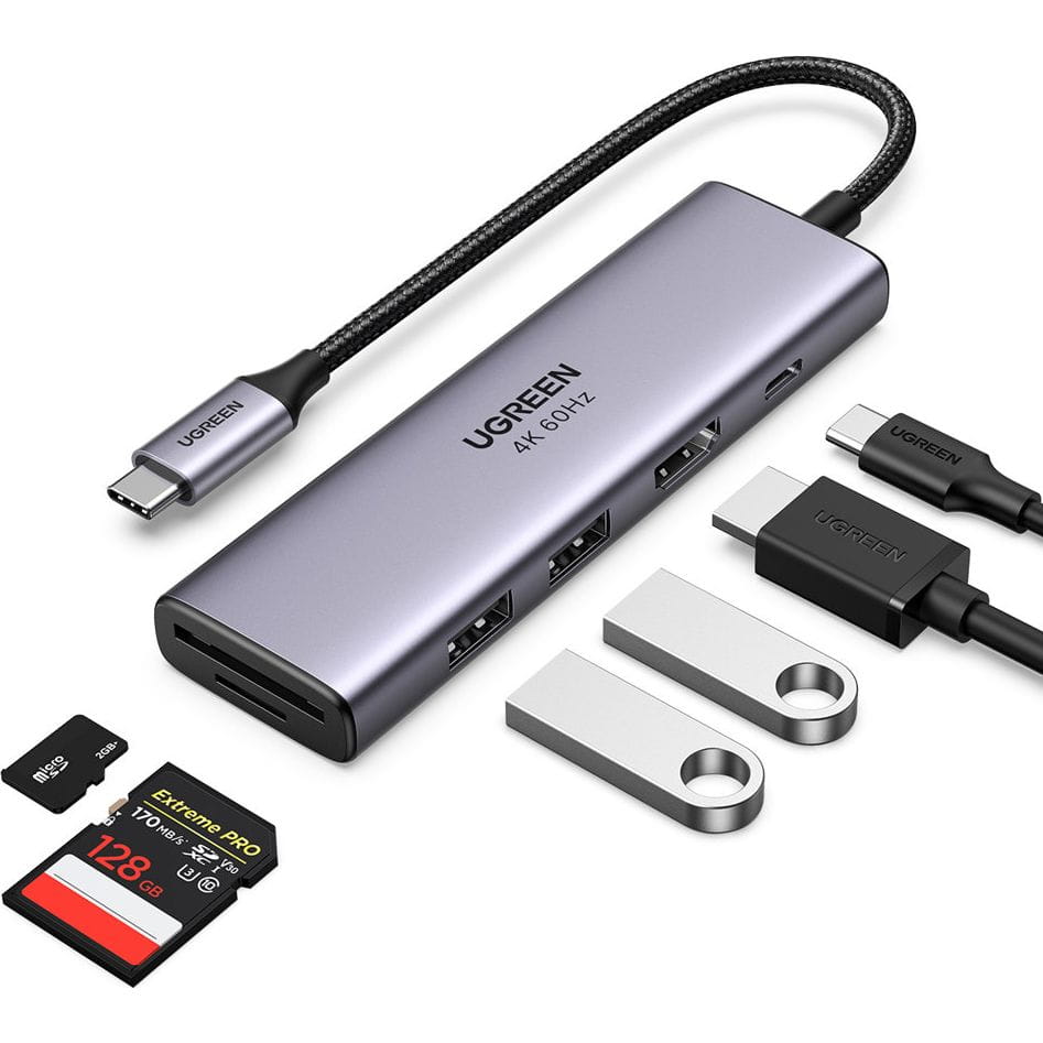Hub USB-C UGREEN CM511 (60384), 2 x USB-A 3.0 - 1 x USB-C - 1 x HDMI - 1 x SD - 1 x microSD, Siv