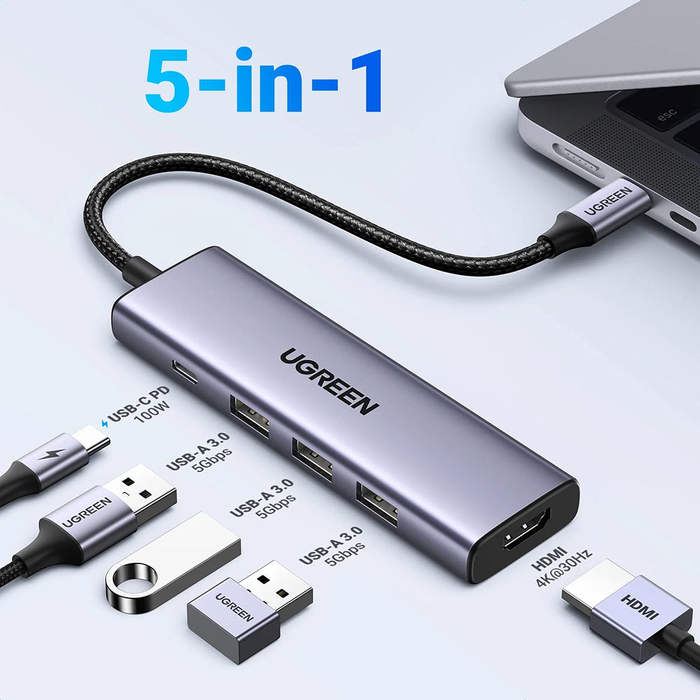 Hub USB-C UGREEN CM511 (15596), 3 x USB-A 3.0 - 1 x USB-C - 1 x HDMI, Siv