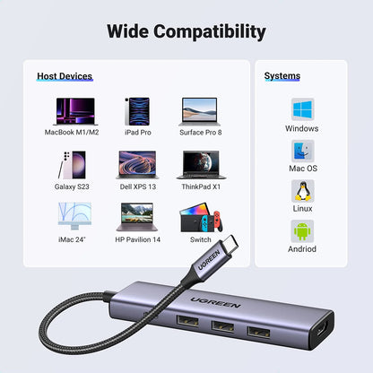 Hub USB-C UGREEN CM511 (15596), 3 x USB-A 3.0 - 1 x USB-C - 1 x HDMI, Siv
