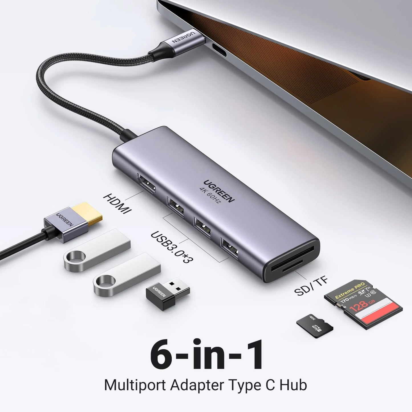 Hub USB-C UGREEN CM511 (60383), 3 x USB-A 3.2 - 1 x HDMI - 1 x SD - 1 x microSD, Siv