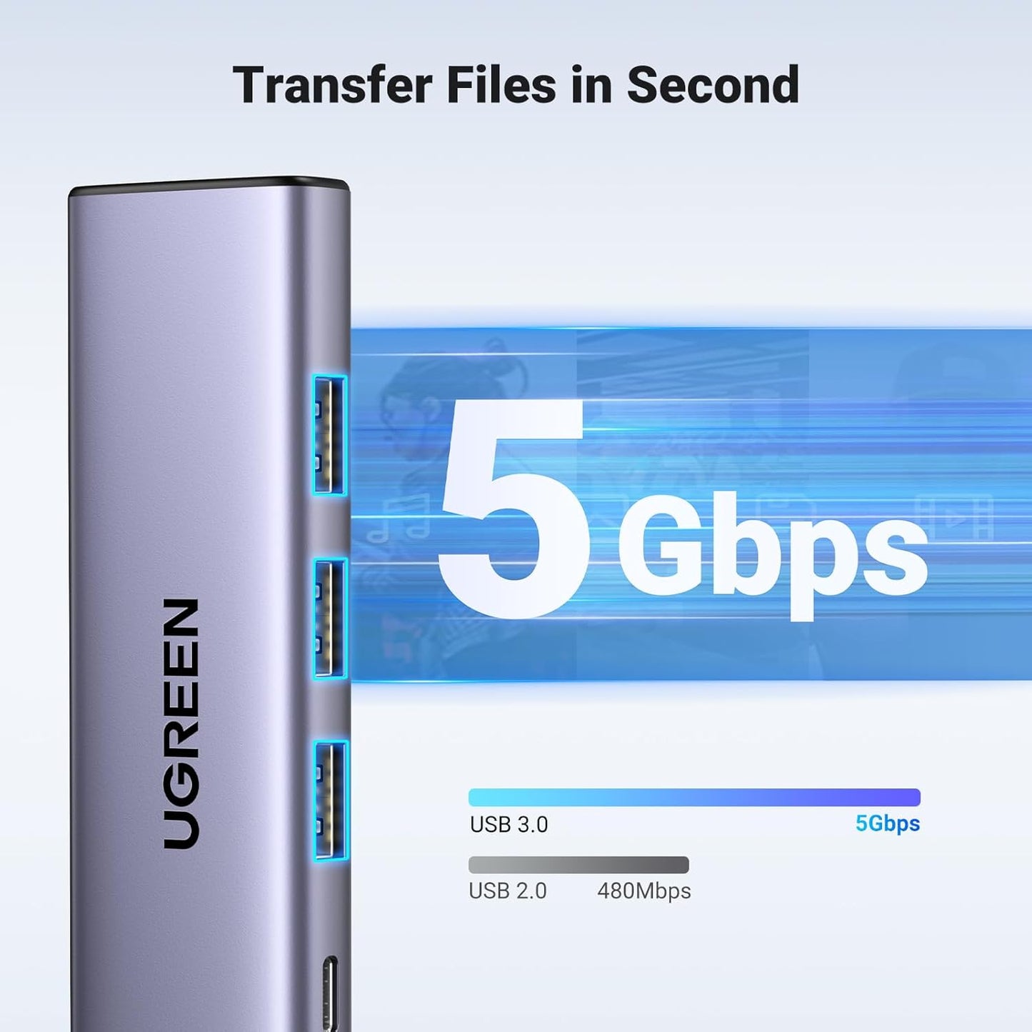 Hub USB-C UGREEN CM511, 3 x USB-A 3.0 - 1 x USB-C - 1 x HDMI, Siv