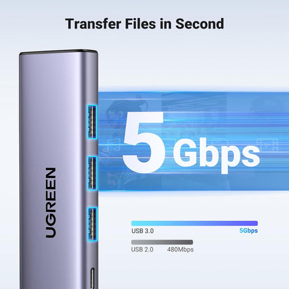 Hub USB-C UGREEN CM511, 3 x USB-A 3.0 - 1 x USB-C - 1 x HDMI, Siv