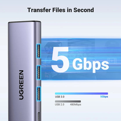 Hub USB-C UGREEN CM511 (15596), 3 x USB-A 3.0 - 1 x USB-C - 1 x HDMI, Siv