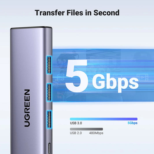 Hub USB-C UGREEN CM511 (15596), 3 x USB-A 3.0 - 1 x USB-C - 1 x HDMI, Siv
