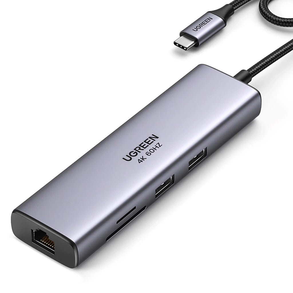 UGREEN CM512 USB-C Hub, 2 x USB-A 3.0 - 1 x USB-C - 1 x HDMI - 1 x SD - 1 x microSD - RJ45, Gray