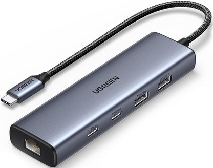 Hub USB-C UGREEN CM512, 1 x USB-A 3.2 - 1 x USB-A - 3 x USB-C - 1 x RJ45, Siv