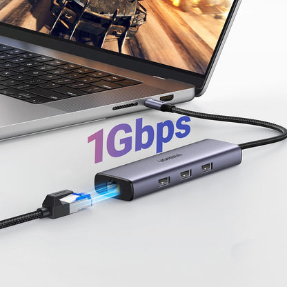 Hub USB-C UGREEN CM512 (15598), 3 x USB-A 3.0 - 1 x USB-C - 1 x HDMI - 1 x RJ45, Siv