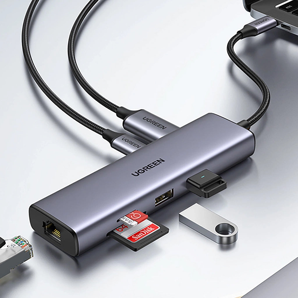 UGREEN CM512 USB-C Hub, 2 x USB-A 3.0 - 1 x USB-C - 1 x HDMI - 1 x SD - 1 x microSD - RJ45, Gray