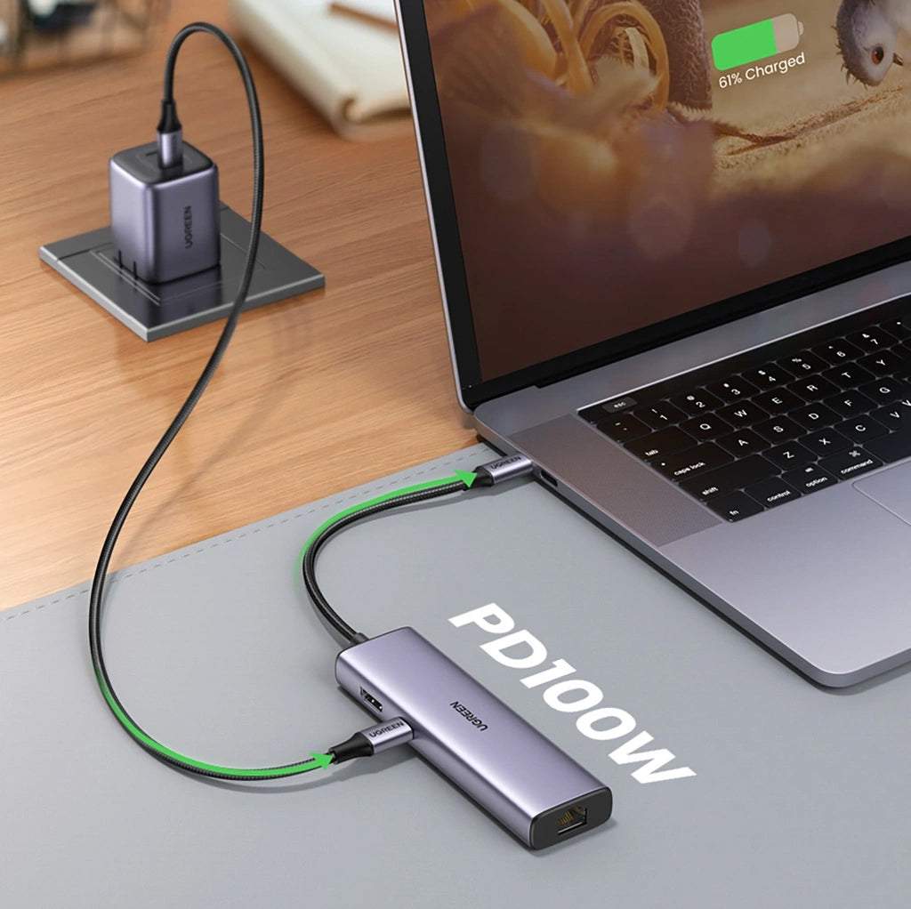 UGREEN CM512 USB-C Hub, 2 x USB-A 3.0 - 1 x USB-C - 1 x HDMI - 1 x SD - 1 x microSD - RJ45, Gray