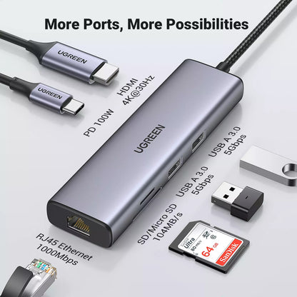 UGREEN CM512 USB-C Hub, 2 x USB-A 3.0 - 1 x USB-C - 1 x HDMI - 1 x SD - 1 x microSD - RJ45, Gray