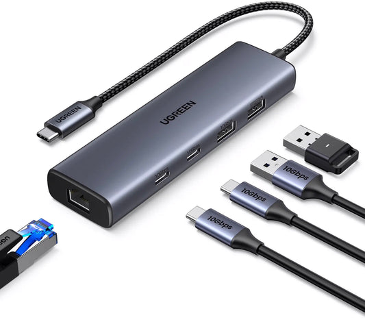 Hub USB-C UGREEN CM512, 1 x USB-A 3.2 - 1 x USB-A - 3 x USB-C - 1 x RJ45, Siv