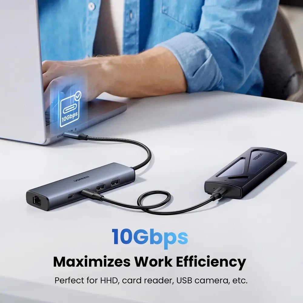 Hub USB-C UGREEN CM512, 1 x USB-A 3.2 - 1 x USB-A - 3 x USB-C - 1 x RJ45, Siv