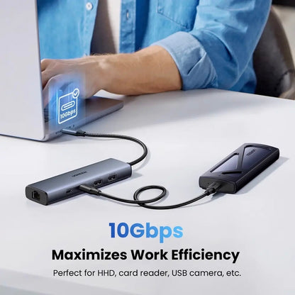 Hub USB-C UGREEN CM512, 1 x USB-A 3.2 - 1 x USB-A - 3 x USB-C - 1 x RJ45, Siv