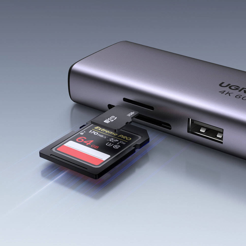 Hub USB-C UGREEN CM512 (60515), 2 x USB-A 3.0 - 1 x USB-C - 1 x HDMI - 1 x SD - 1 x microSD - 1 x RJ45, Siv