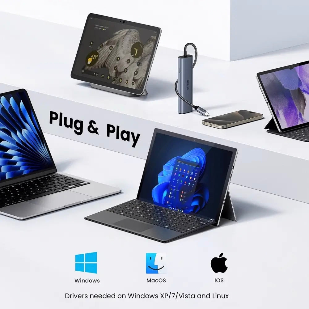 Hub USB-C UGREEN CM512, 1 x USB-A 3.2 - 1 x USB-A - 3 x USB-C - 1 x RJ45, Siv