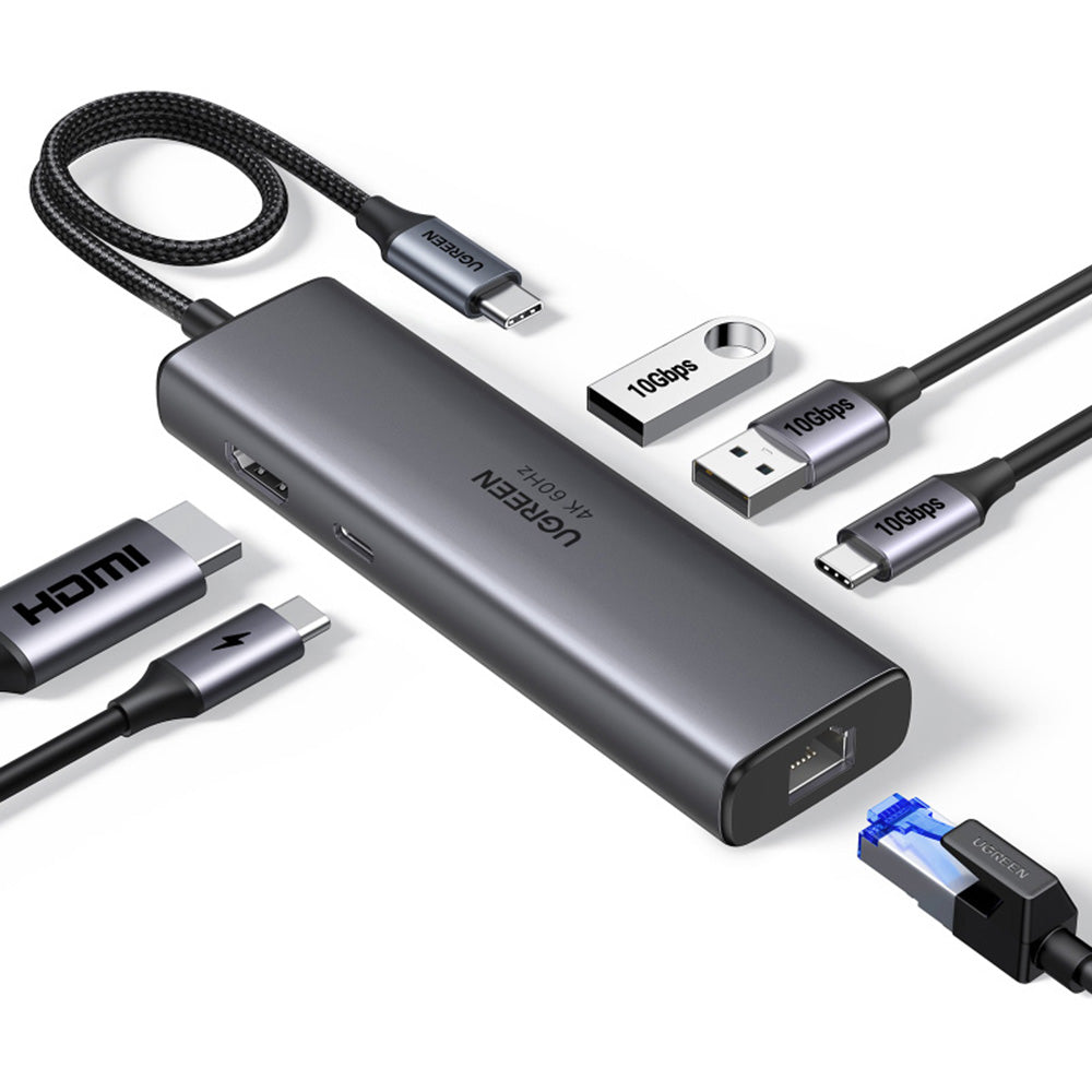 Hub USB-C UGREEN CM512 (45000), 2 x USB-A 3.2 - 2 x USB-C - 1 X HDMI - 1 x RJ45, Siv