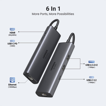 Hub USB-C UGREEN CM512 (45000), 2 x USB-A 3.2 - 2 x USB-C - 1 X HDMI - 1 x RJ45, Siv