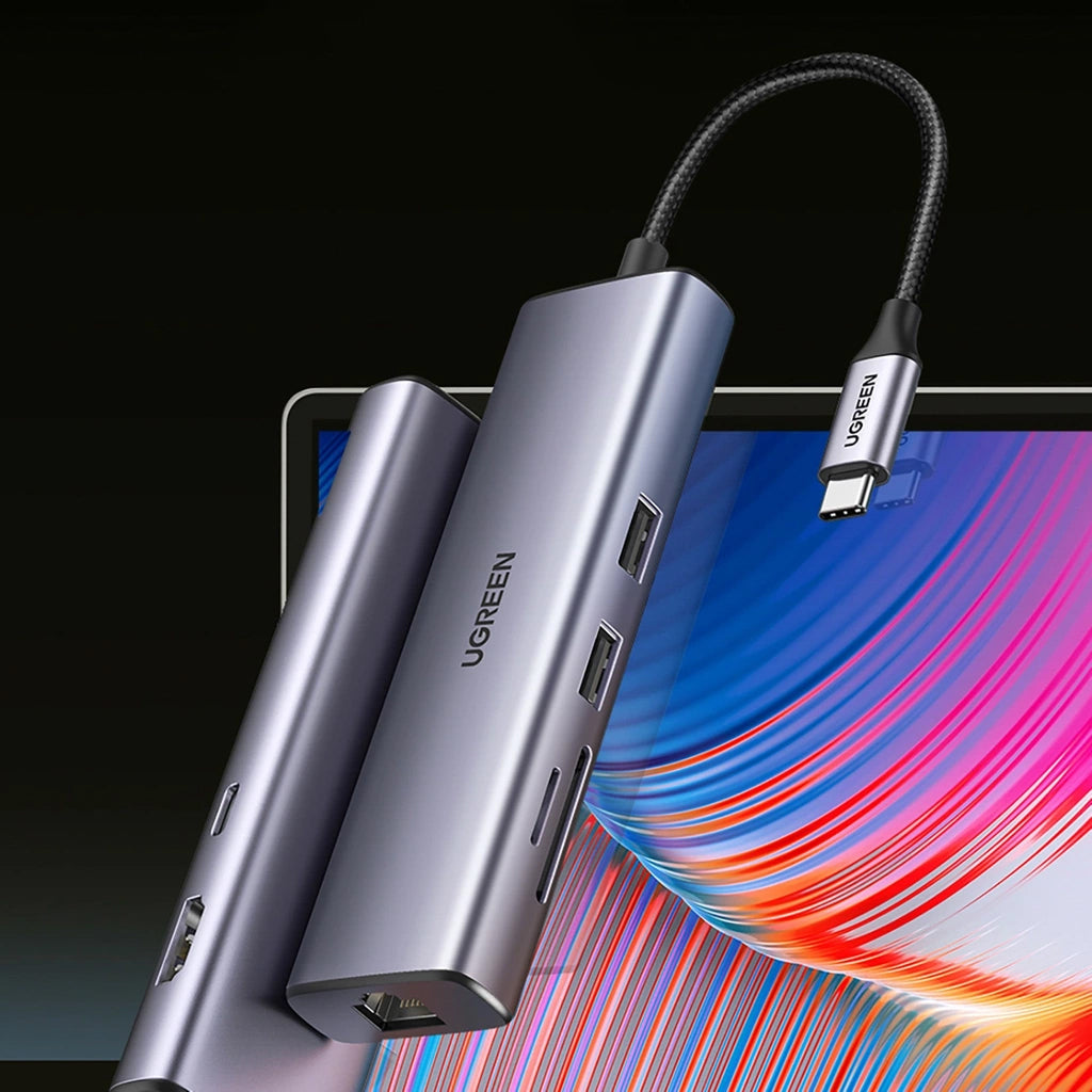 Hub USB-C UGREEN CM512, 2 x USB-A 3.0 - 1 x USB-C - 1 x HDMI - 1 x SD - 1 x microSD - RJ45, Siv