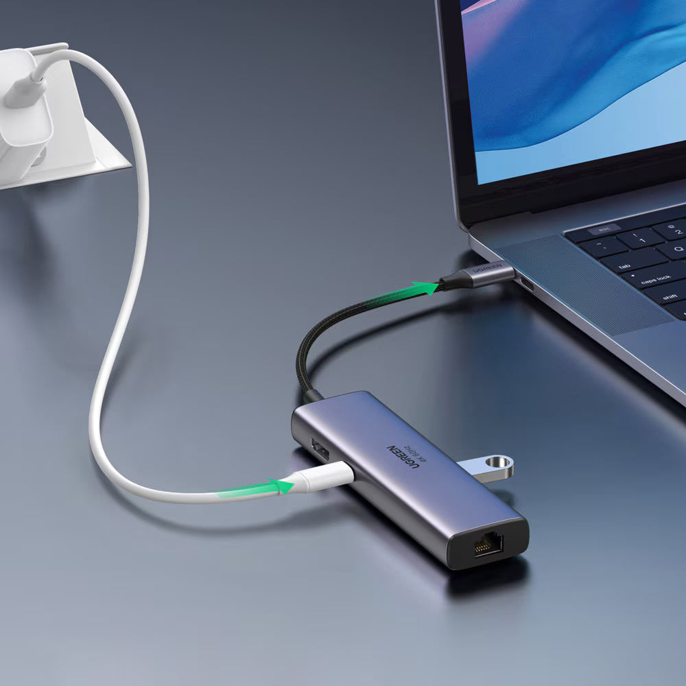 Hub USB-C UGREEN CM512 (60515), 2 x USB-A 3.0 - 1 x USB-C - 1 x HDMI - 1 x SD - 1 x microSD - 1 x RJ45, Siv