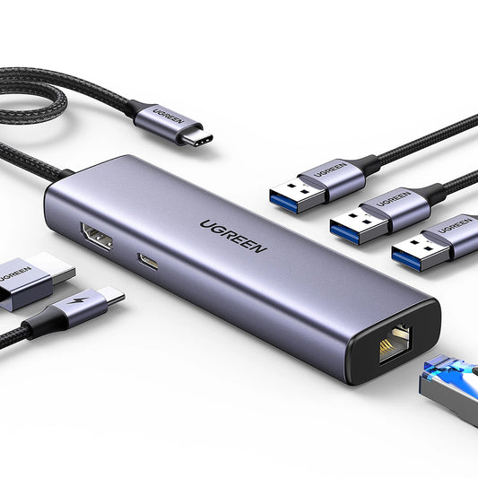 Hub USB-C UGREEN CM512 (15598), 3 x USB-A 3.0 - 1 x USB-C - 1 x HDMI - 1 x RJ45, Siv