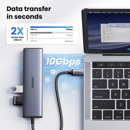 Hub USB-C UGREEN CM512, 1 x USB-A 3.2 - 1 x USB-A - 3 x USB-C - 1 x RJ45, Siv
