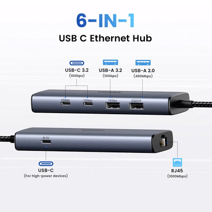 Hub USB-C UGREEN CM512, 1 x USB-A 3.2 - 1 x USB-A - 3 x USB-C - 1 x RJ45, Siv