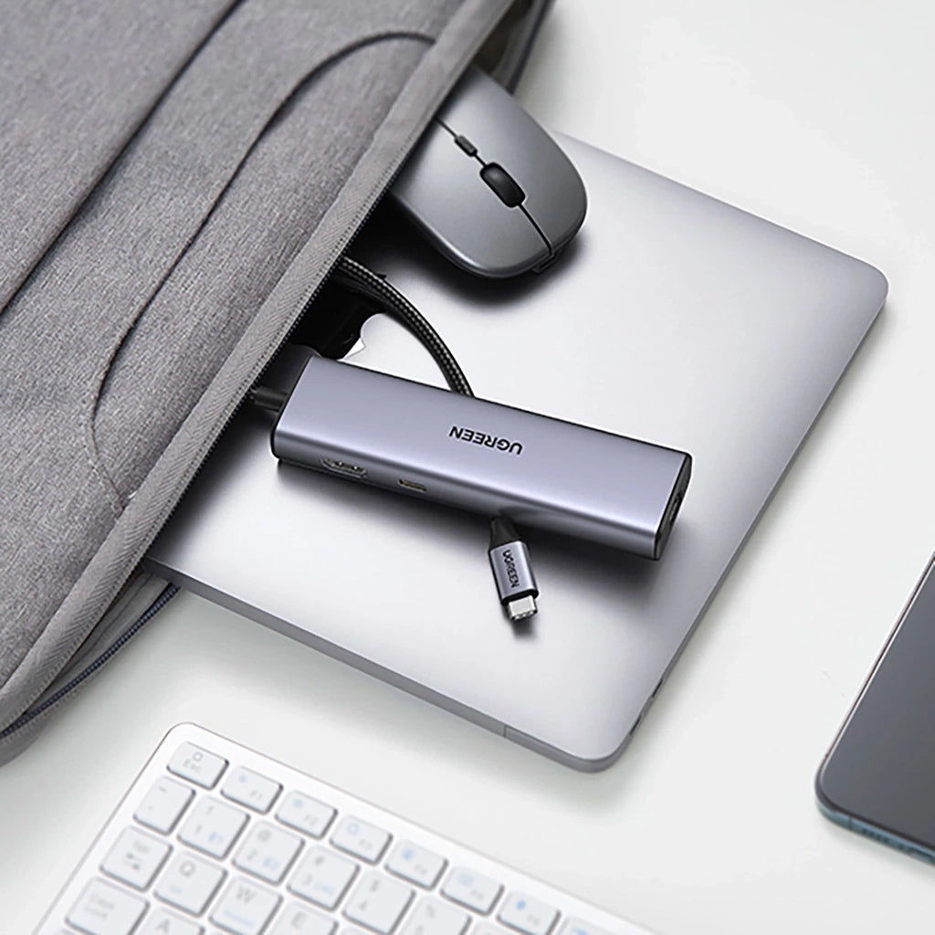 UGREEN CM512 USB-C Hub, 2 x USB-A 3.0 - 1 x USB-C - 1 x HDMI - 1 x SD - 1 x microSD - RJ45, Gray