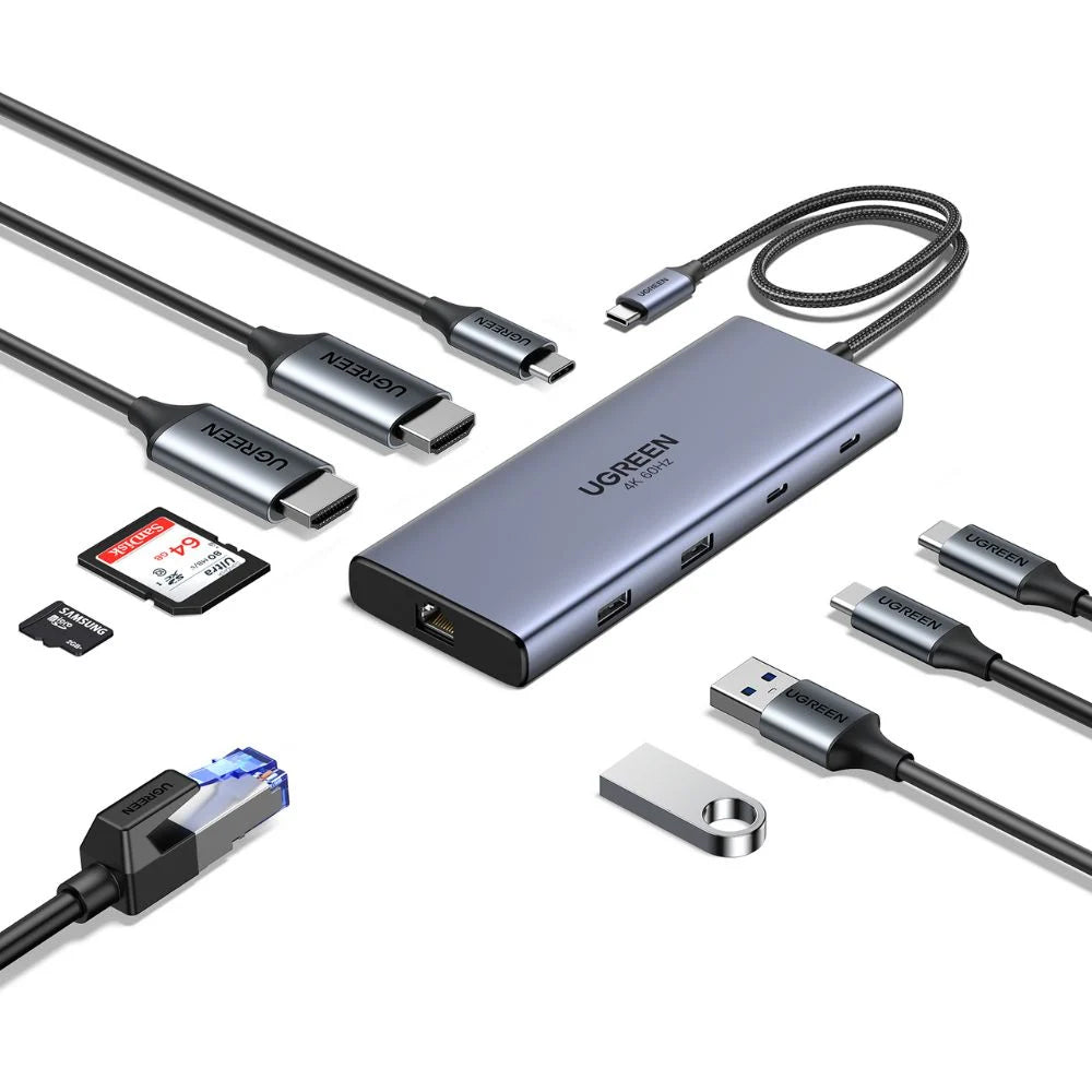 Hub USB-C UGREEN CM639 (45380), 2 x USB-A 3.2 - 3 x USB-C - 2 x HDMI - 1 x RJ45 - 1 x SD - 1 x microSD, Siv