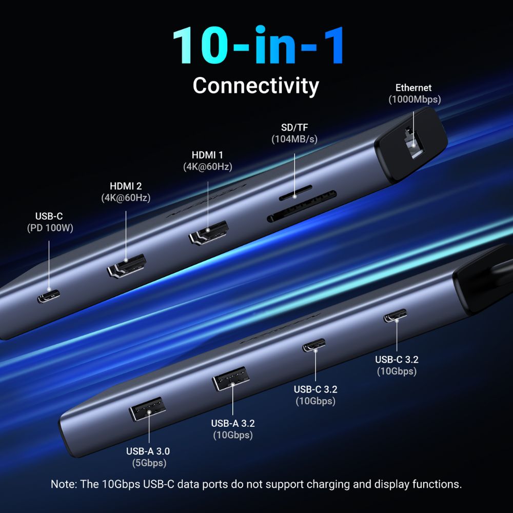 Hub USB-C UGREEN CM639 (45380), 2 x USB-A 3.2 - 3 x USB-C - 2 x HDMI - 1 x RJ45 - 1 x SD - 1 x microSD, Siv