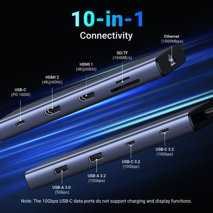 Hub USB-C UGREEN CM639 (45380), 2 x USB-A 3.2 - 3 x USB-C - 2 x HDMI - 1 x RJ45 - 1 x SD - 1 x microSD, Siv