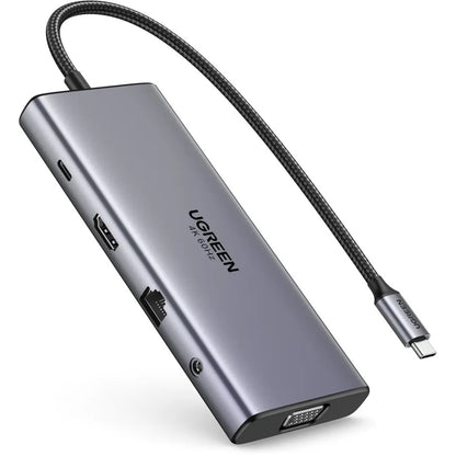 Hub USB-C UGREEN CM639 (45520), 2 x USB-A 3.2 - 3 x USB-C - 1 x HDMI - 1 x VGA - 1 x Jack 3.5mm - 1 x RJ45 - 1 x SD - 1 x microSD, Siv