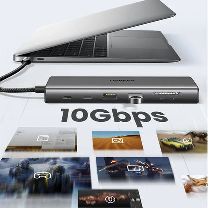 Hub USB-C UGREEN CM639 (45520), 2 x USB-A 3.2 - 3 x USB-C - 1 x HDMI - 1 x VGA - 1 x Jack 3.5mm - 1 x RJ45 - 1 x SD - 1 x microSD, Siv
