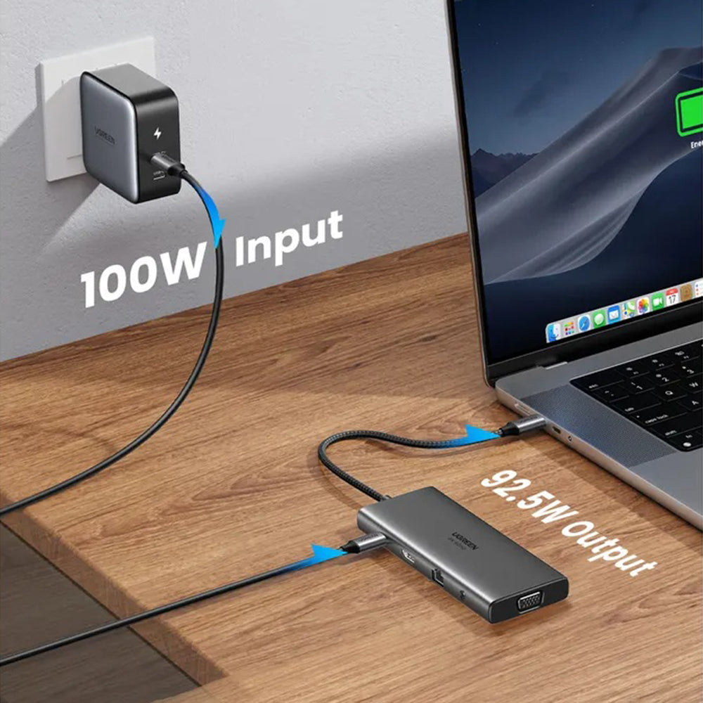 Hub USB-C UGREEN CM639 (45520), 2 x USB-A 3.2 - 3 x USB-C - 1 x HDMI - 1 x VGA - 1 x Jack 3.5mm - 1 x RJ45 - 1 x SD - 1 x microSD, Siv