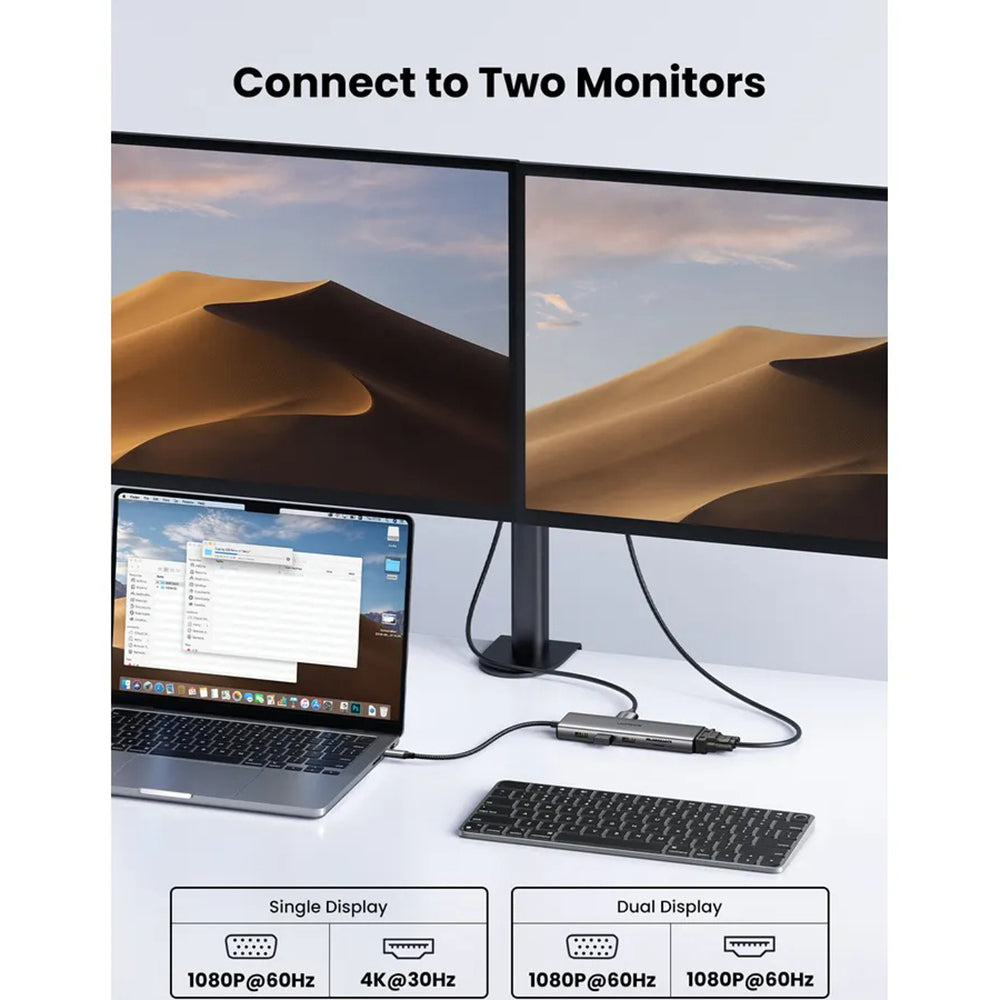 Hub USB-C UGREEN CM639 (45520), 2 x USB-A 3.2 - 3 x USB-C - 1 x HDMI - 1 x VGA - 1 x Jack 3.5mm - 1 x RJ45 - 1 x SD - 1 x microSD, Siv