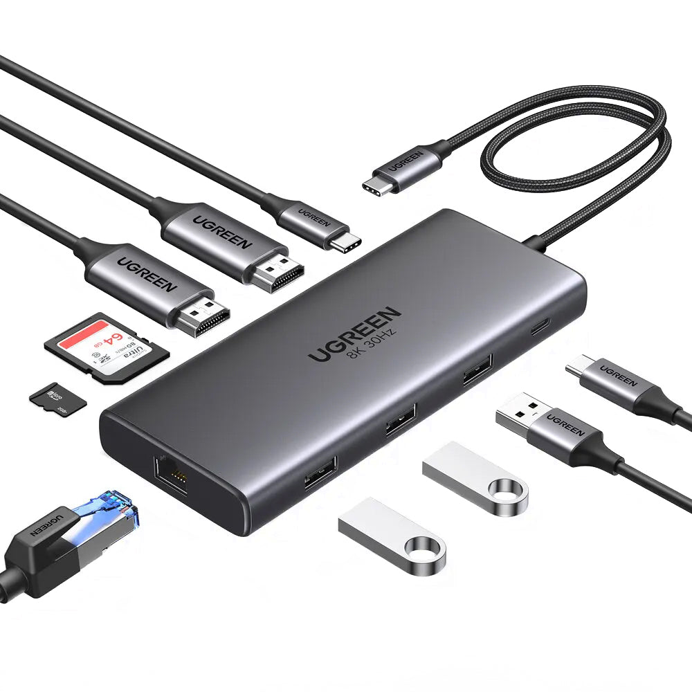 Hub USB-C UGREEN Revodok Pro 210 CM639, 1 x USB-A 3.0 - 2 x USB-A - 2 x USB-C - 2 x HDMI - 1 x RJ45 - 1 x SD - 1 x microSD, Siv