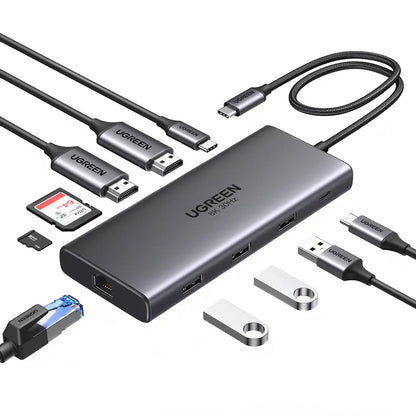 Hub USB-C UGREEN Revodok Pro 210 CM639, 1 x USB-A 3.0 - 2 x USB-A - 2 x USB-C - 2 x HDMI - 1 x RJ45 - 1 x SD - 1 x microSD, Siv