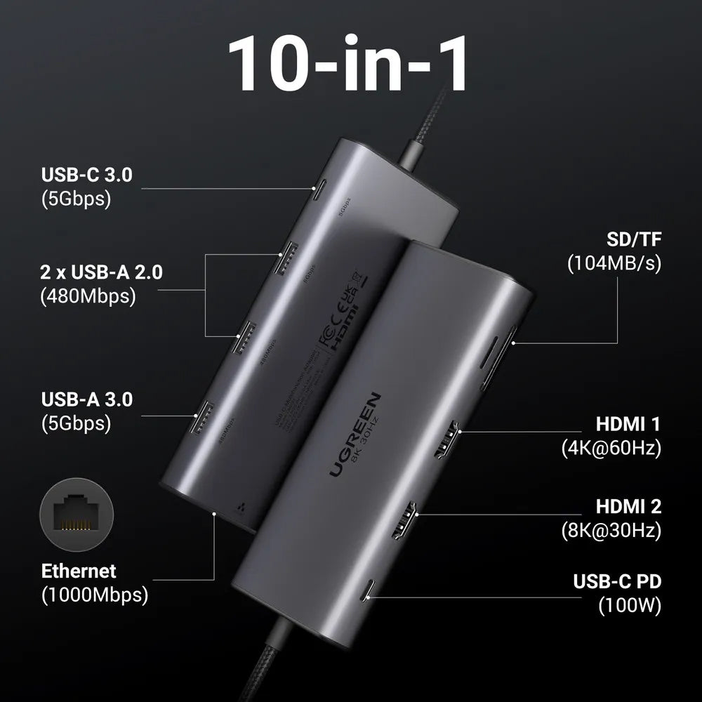Hub USB-C UGREEN Revodok Pro 210 CM639, 1 x USB-A 3.0 - 2 x USB-A - 2 x USB-C - 2 x HDMI - 1 x RJ45 - 1 x SD - 1 x microSD, Siv
