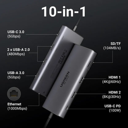 Hub USB-C UGREEN Revodok Pro 210 CM639, 1 x USB-A 3.0 - 2 x USB-A - 2 x USB-C - 2 x HDMI - 1 x RJ45 - 1 x SD - 1 x microSD, Siv