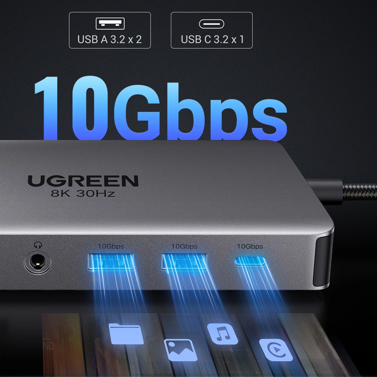 Hub USB-C UGREEN Revodok Pro 313 CM681, 2 x USB-A 3.2 - 1 x USB-A 3.0 - 2 x USB-C - 2 x HDMI - 1 x Jack 3.5mm - 1 x RJ45 - 1 x SD - 1 x microSD, Siv