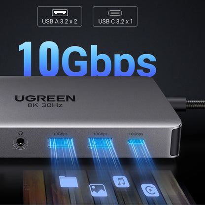 Hub USB-C UGREEN Revodok Pro 313 CM681, 2 x USB-A 3.2 - 1 x USB-A 3.0 - 2 x USB-C - 2 x HDMI - 1 x Jack 3.5mm - 1 x RJ45 - 1 x SD - 1 x microSD, Siv