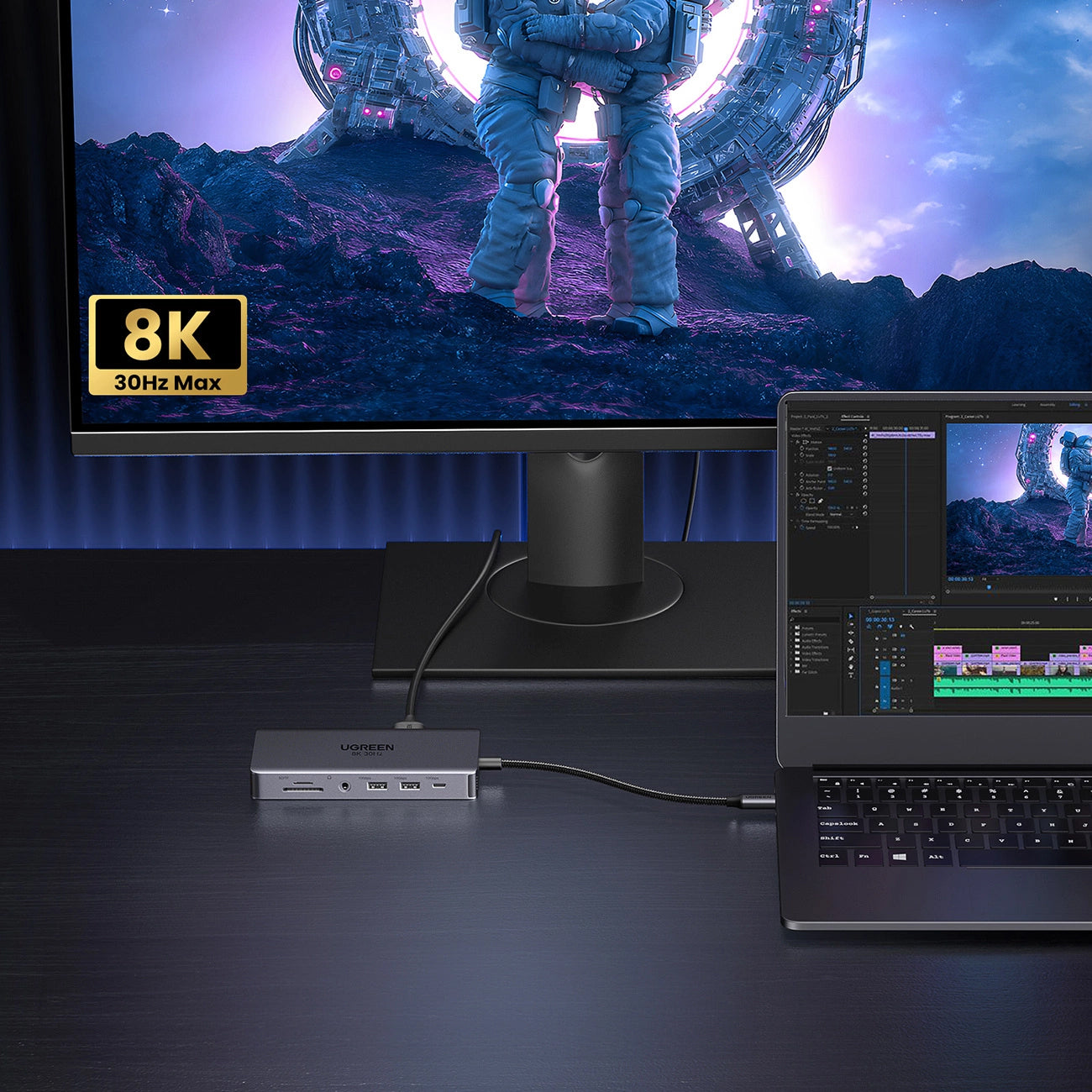 Hub USB-C UGREEN Revodok Pro 313 CM681, 2 x USB-A 3.2 - 1 x USB-A 3.0 - 2 x USB-C - 2 x HDMI - 1 x Jack 3.5mm - 1 x RJ45 - 1 x SD - 1 x microSD, Siv