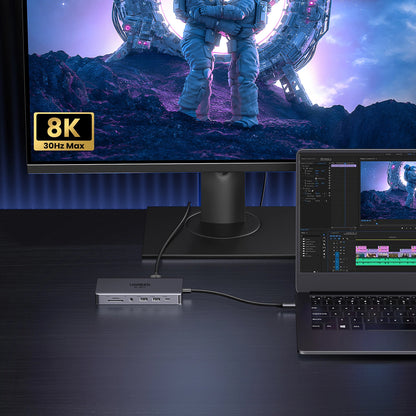Hub USB-C UGREEN Revodok Pro 313 CM681, 2 x USB-A 3.2 - 1 x USB-A 3.0 - 2 x USB-C - 2 x HDMI - 1 x Jack 3.5mm - 1 x RJ45 - 1 x SD - 1 x microSD, Siv