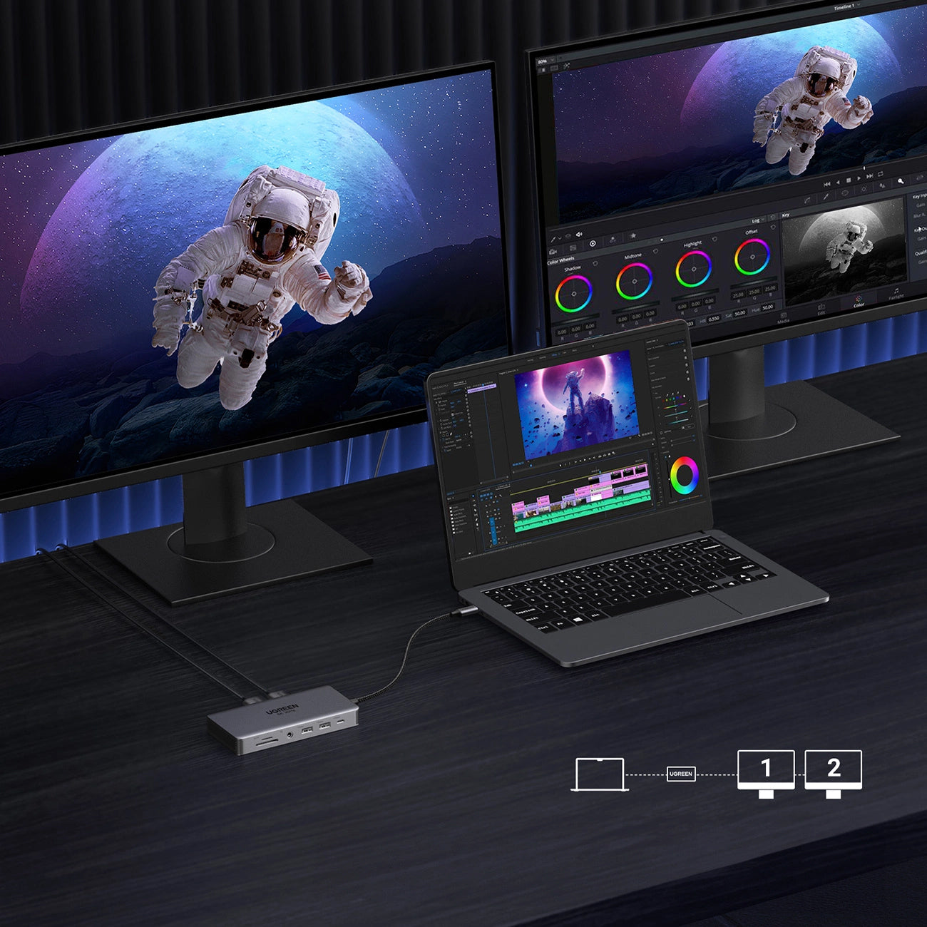 Hub USB-C UGREEN Revodok Pro 313 CM681, 2 x USB-A 3.2 - 1 x USB-A 3.0 - 2 x USB-C - 2 x HDMI - 1 x Jack 3.5mm - 1 x RJ45 - 1 x SD - 1 x microSD, Siv