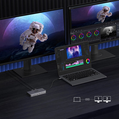 Hub USB-C UGREEN Revodok Pro 313 CM681, 2 x USB-A 3.2 - 1 x USB-A 3.0 - 2 x USB-C - 2 x HDMI - 1 x Jack 3.5mm - 1 x RJ45 - 1 x SD - 1 x microSD, Siv