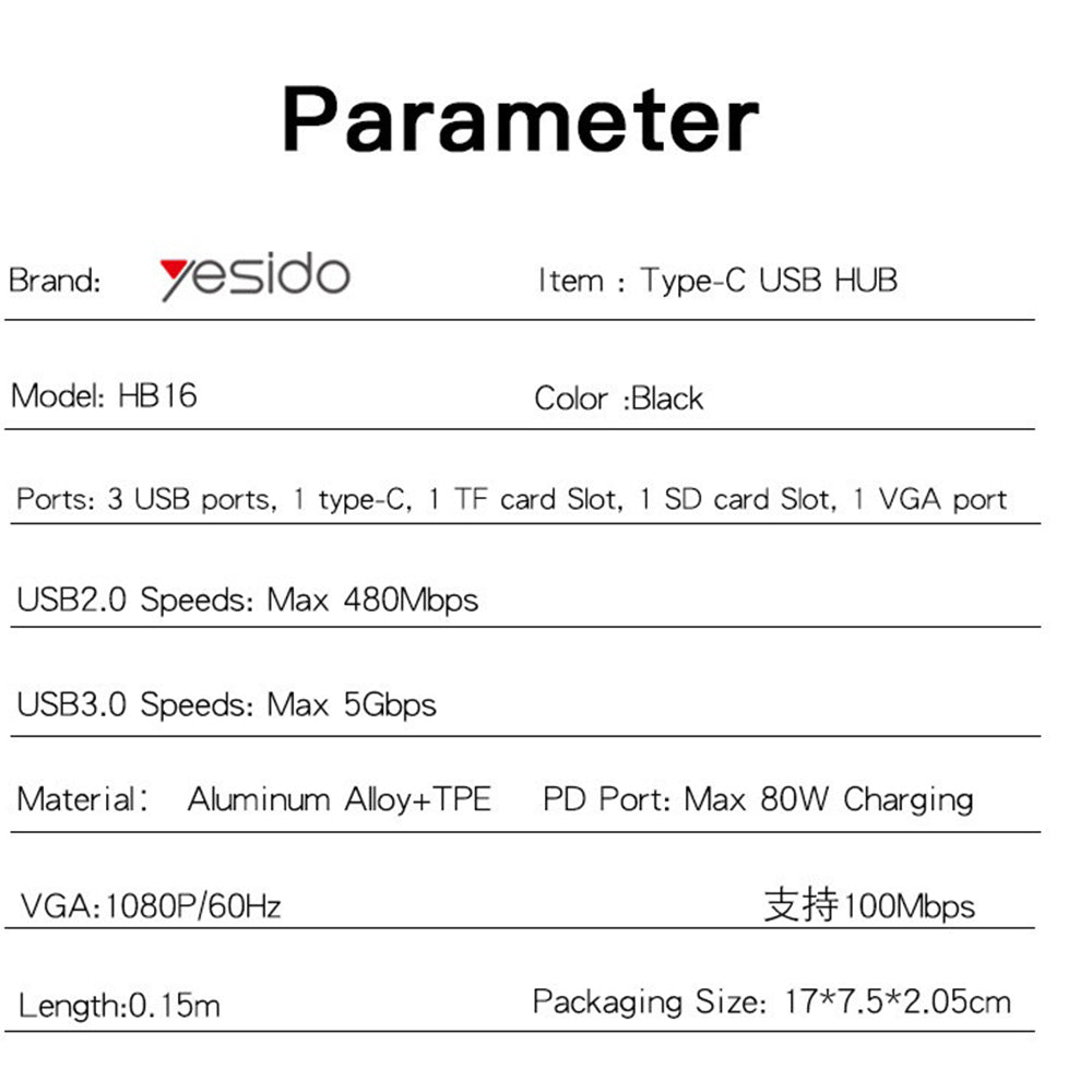 Hub USB-C Yesido HB16, 7v1, Siv