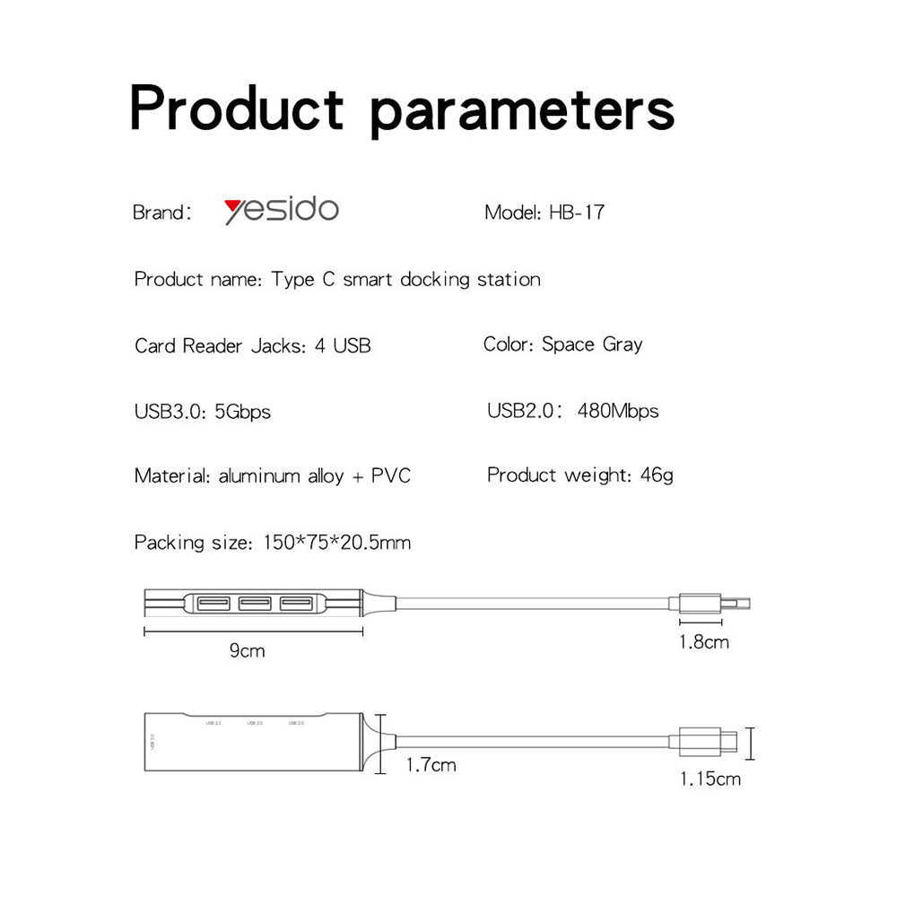 Hub USB-C Yesido HB17, 4v1, Siv