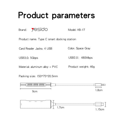 Hub USB-C Yesido HB17, 4v1, Siv